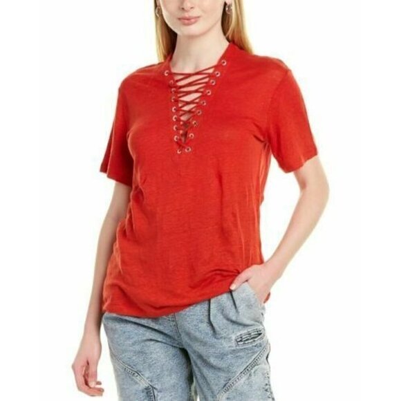 Iro  Red Linen Lace Up Front Tee Shirt XS - Picture 1 of 8